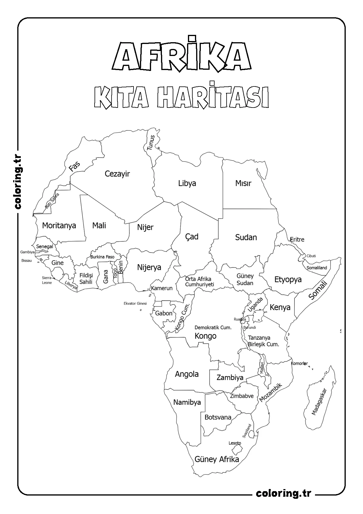 Afrika Ülkeleri Harita Boyama Sayfası - Africa Coloring Page