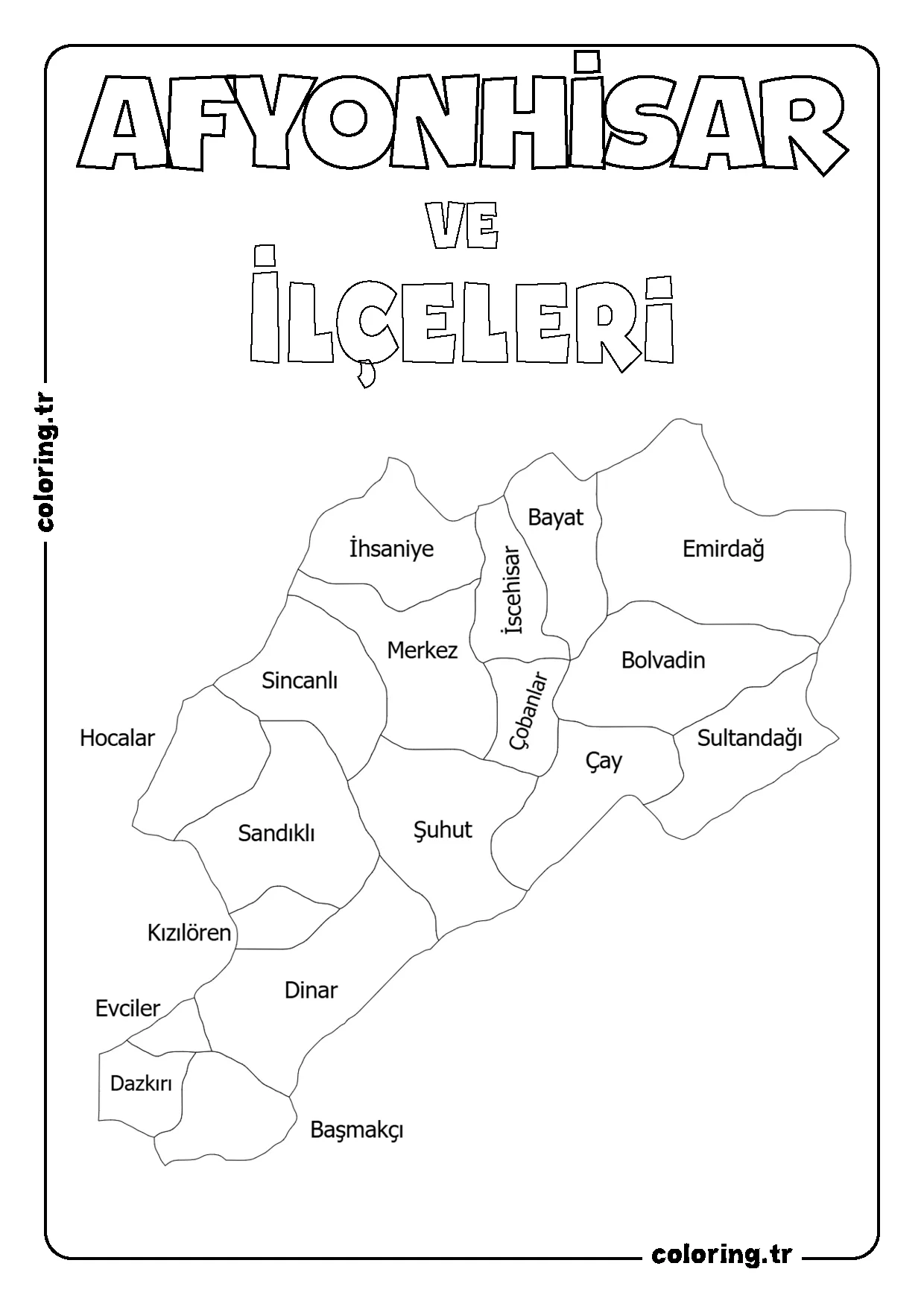 Afyonkarahisar ve İlçeleri Harita Boyama Sayfası