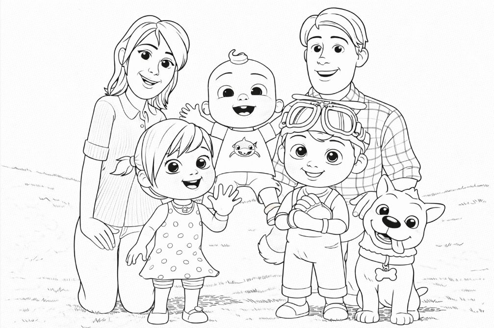 CoComelon ailesi ve köpek Bingo boyama resmi - CoComelon family and Bingo the dog coloring image - صورة تلوين عائلة كوكوميلون والكلب بينغو