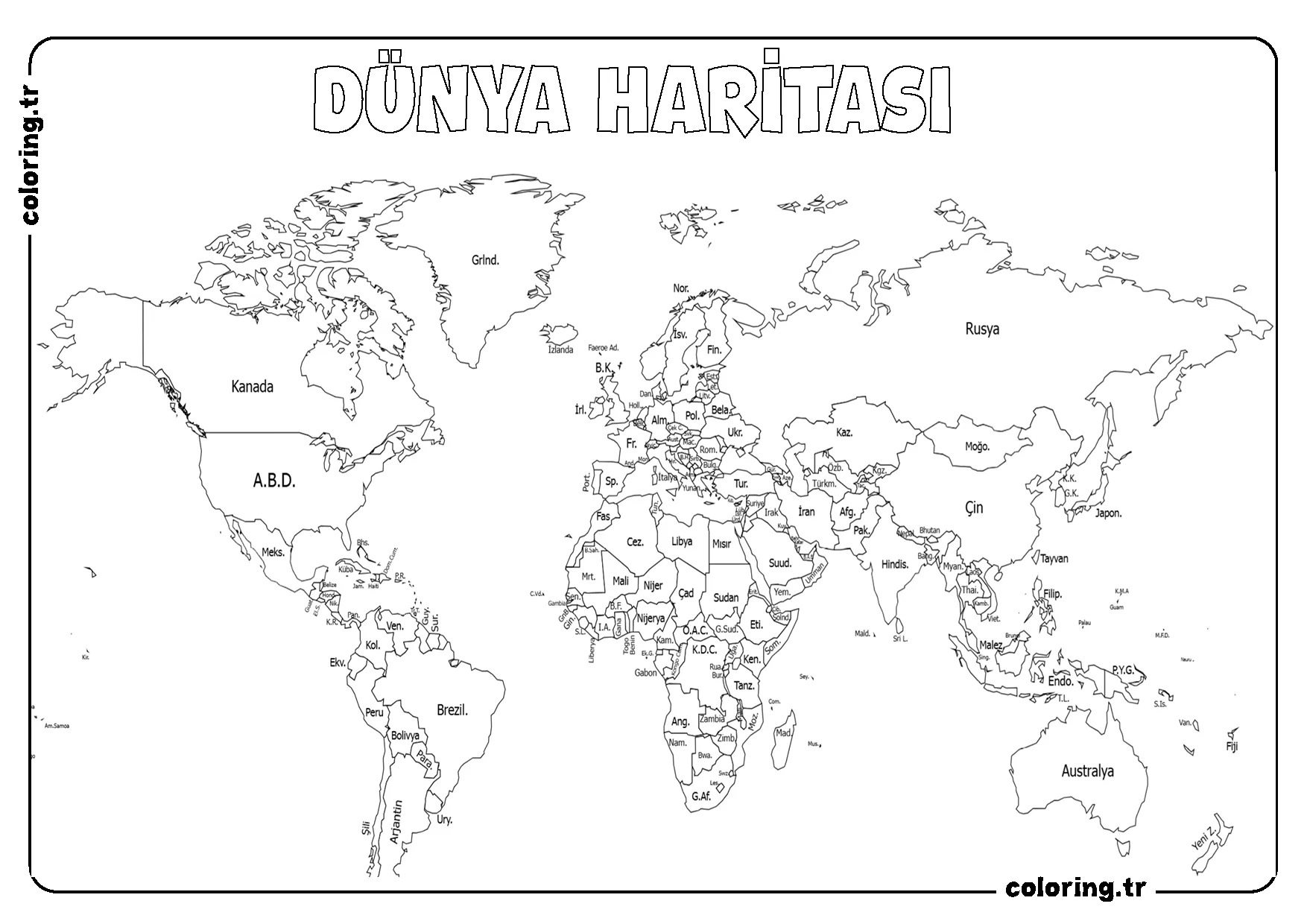 Dünya Haritası Ülkeler Harita Boyama Sayfası