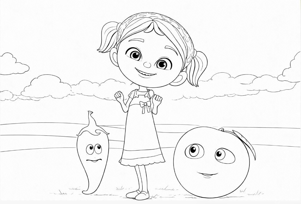 Elif ve konuşan elma karakteri boyama resmi - Elif and talking apple character coloring image - صورة تلوين لإليف وشخصية التفاحة المتكلمة