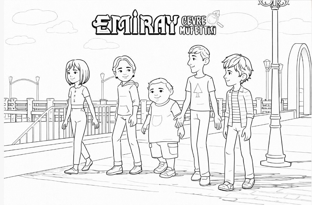 Emiray: Çevre Müfettişi ve arkadaşları geri dönüşüm yaparken boyama sayfası - Emiray: Environmental Inspector and friends recycling coloring page - صفحة تلوين إميراي: مفتش البيئة وأصدقاؤه وهم يعيدون التدوير