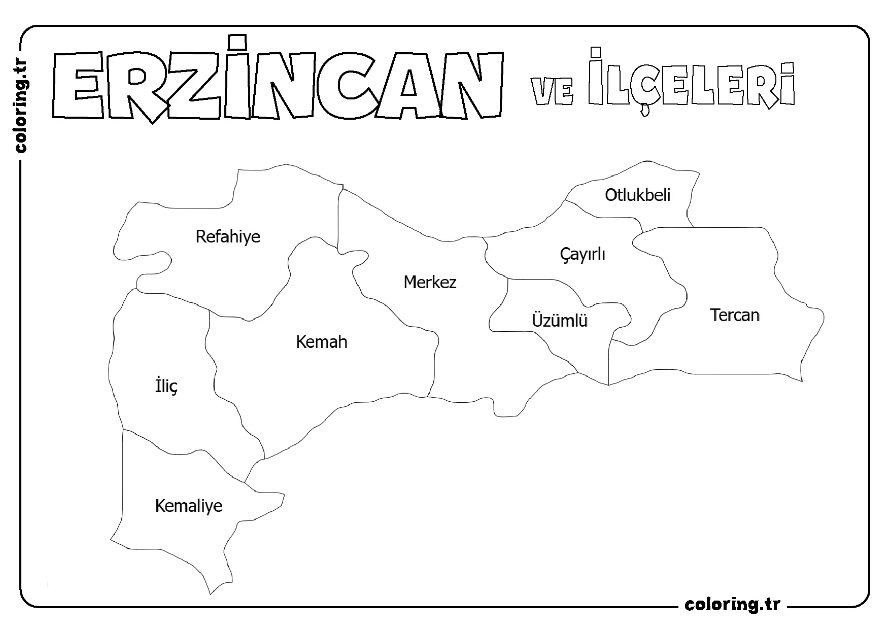 Erzincan ve İlçeleri Harita Boyama Sayfası