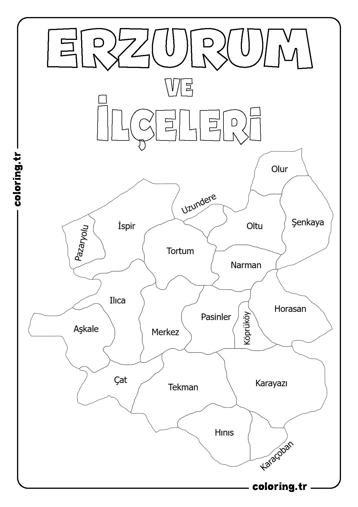 Erzurum ve İlçeleri Harita Boyama Sayfası