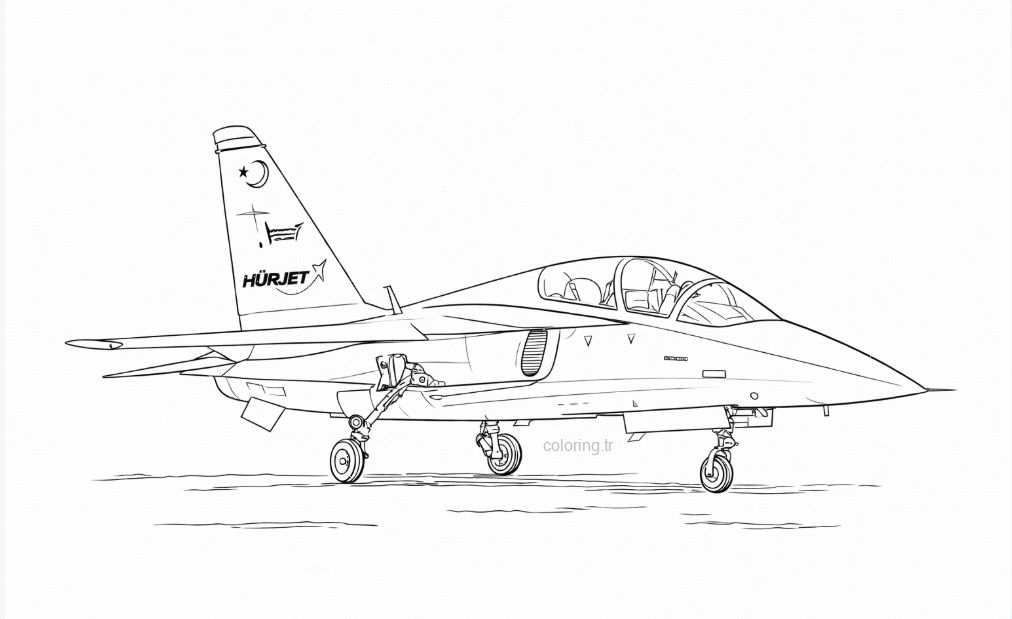 Çocuklar için Hürjet Türk Savaş Uçağı kokpit görünümü boyama - Hürjet Turkish Fighter Jet cockpit view coloring for kids - تلوين منظر قمرة القيادة للطائرة المقاتلة التركية حر جيت للأطفال