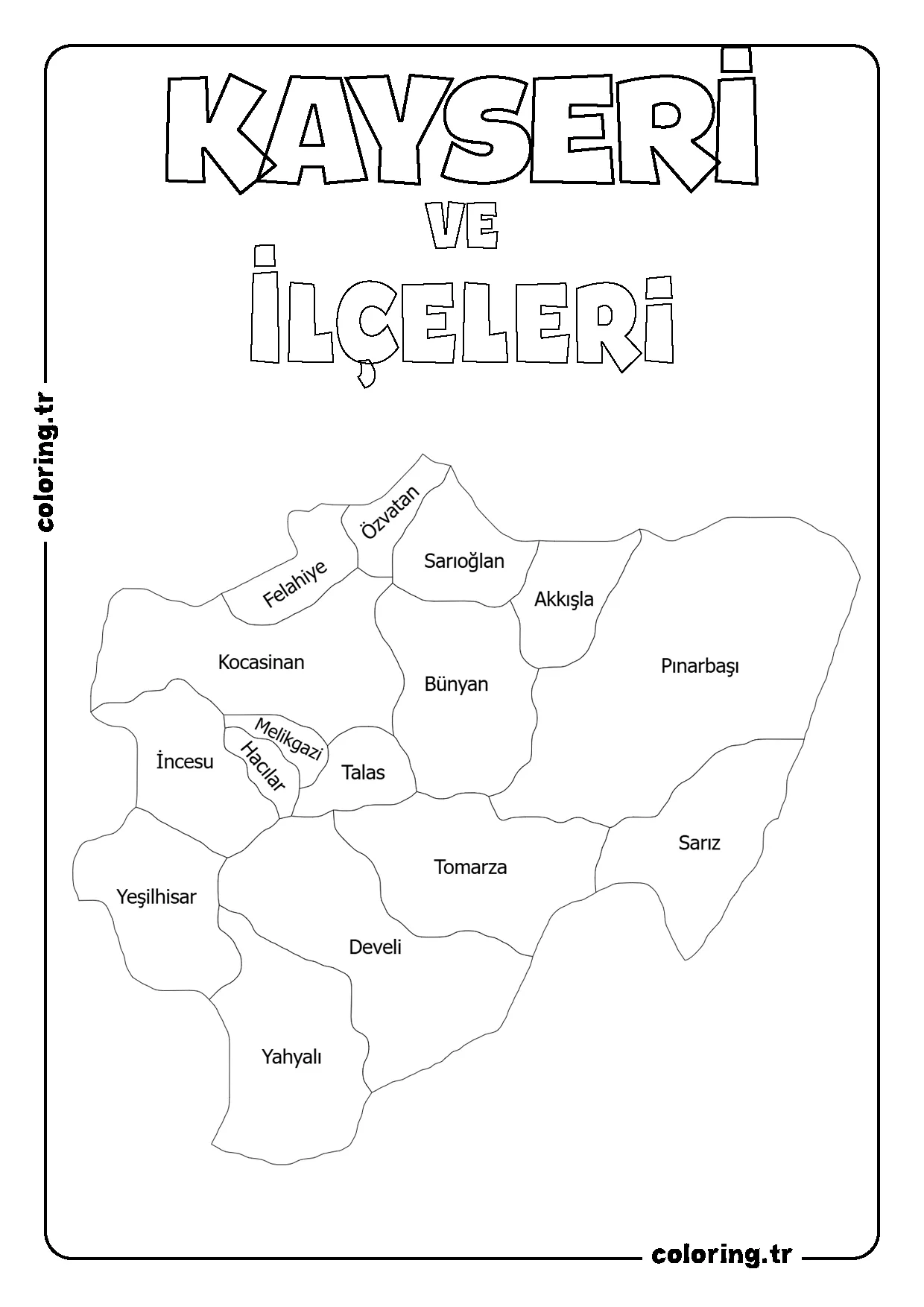 Kayseri ve İlçeleri Harita Boyama Sayfası