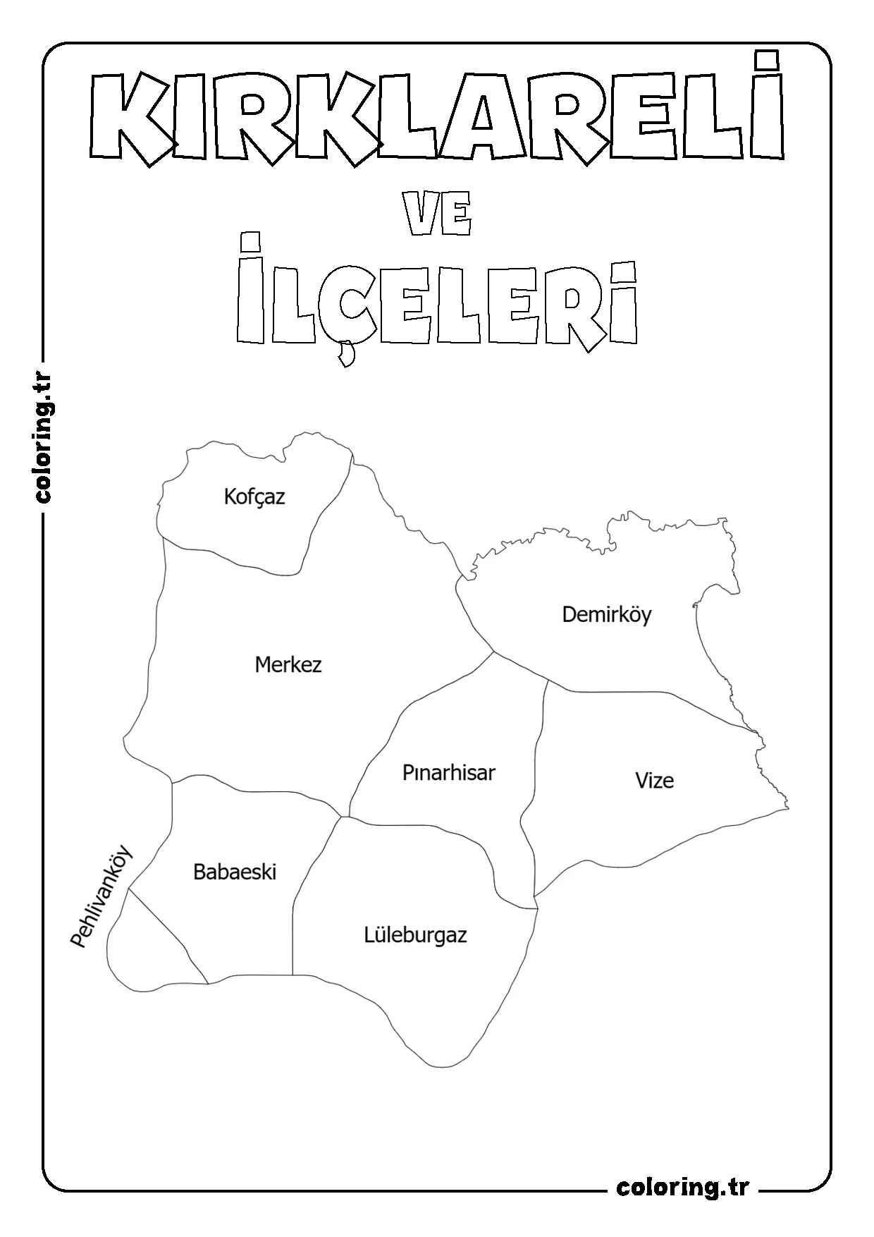 Kırklareli ve İlçeleri Harita Boyama Sayfası