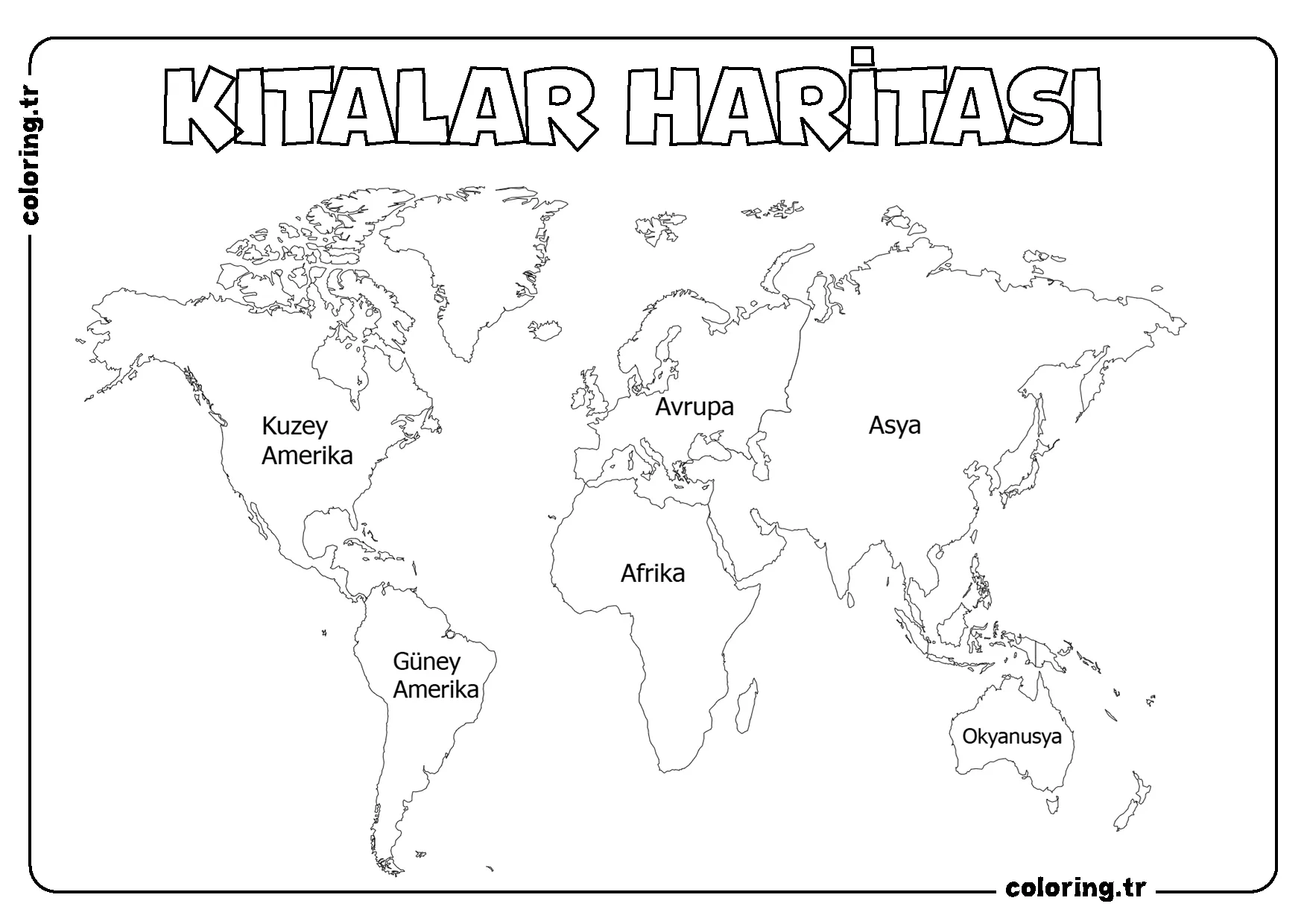 Dünya Kıtalar Haritası Boyama Sayfası