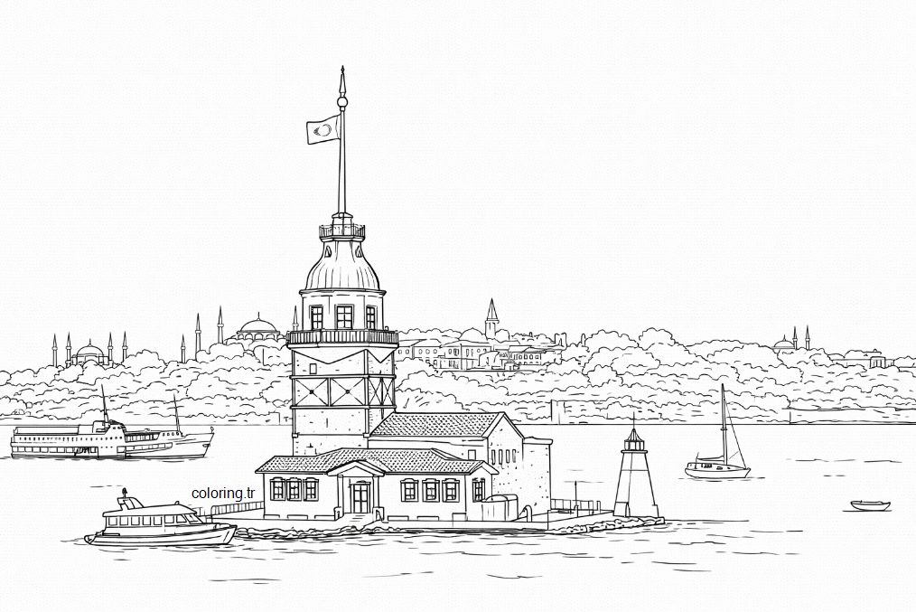 Çocuklar için İstanbul Boğazı ve Kız Kulesi gün batımı boyama görseli - Bosphorus and Maiden's Tower sunset coloring image for kids - صورة تلوين غروب الشمس في مضيق البوسفور وبرج الفتاة للأطفال