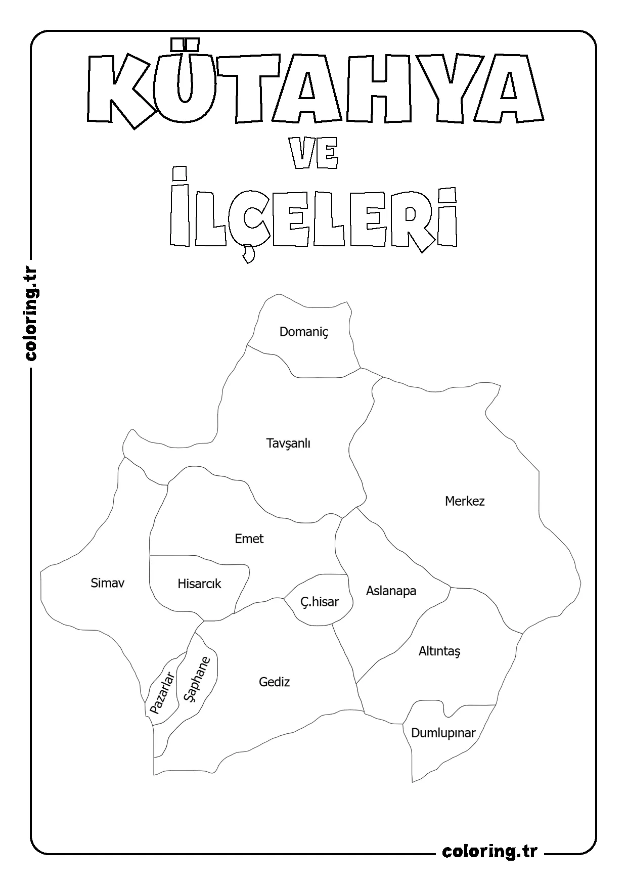 Kütahya ve İlçeleri Harita Boyama Sayfası