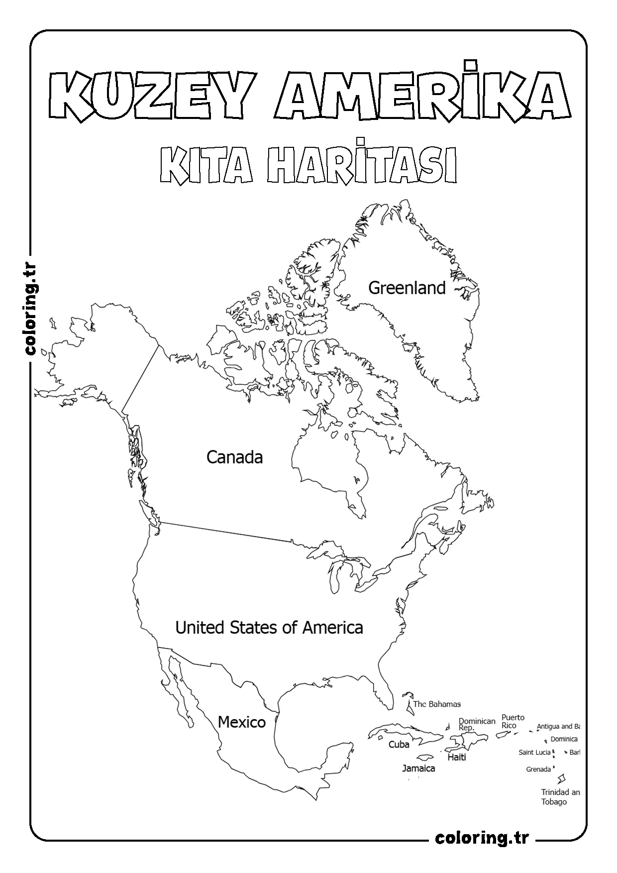 Kuzey Amerika Kıtası Harita Boyama Sayfası