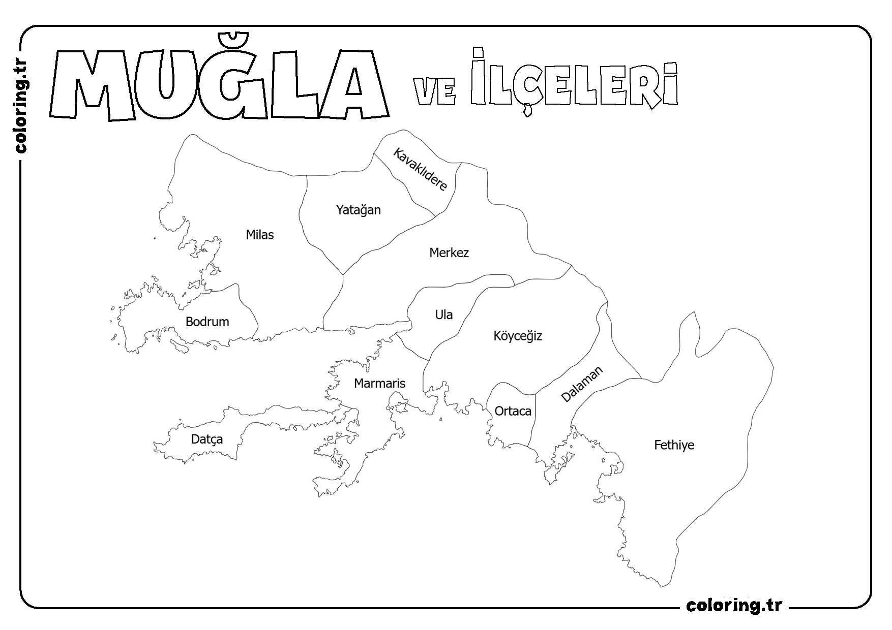 Muğla ve İlçeleri Harita Boyama Sayfası