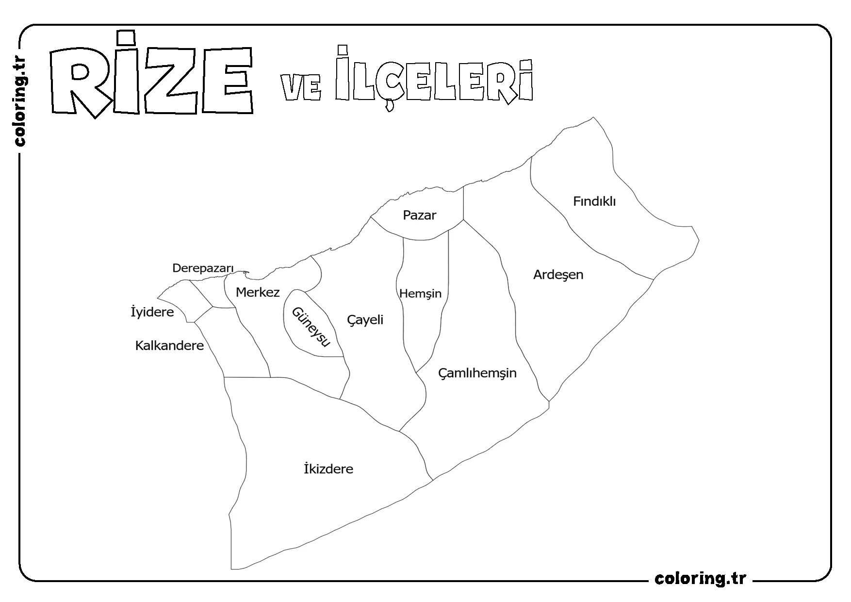 Rize ve İlçeleri Harita Boyama Sayfası