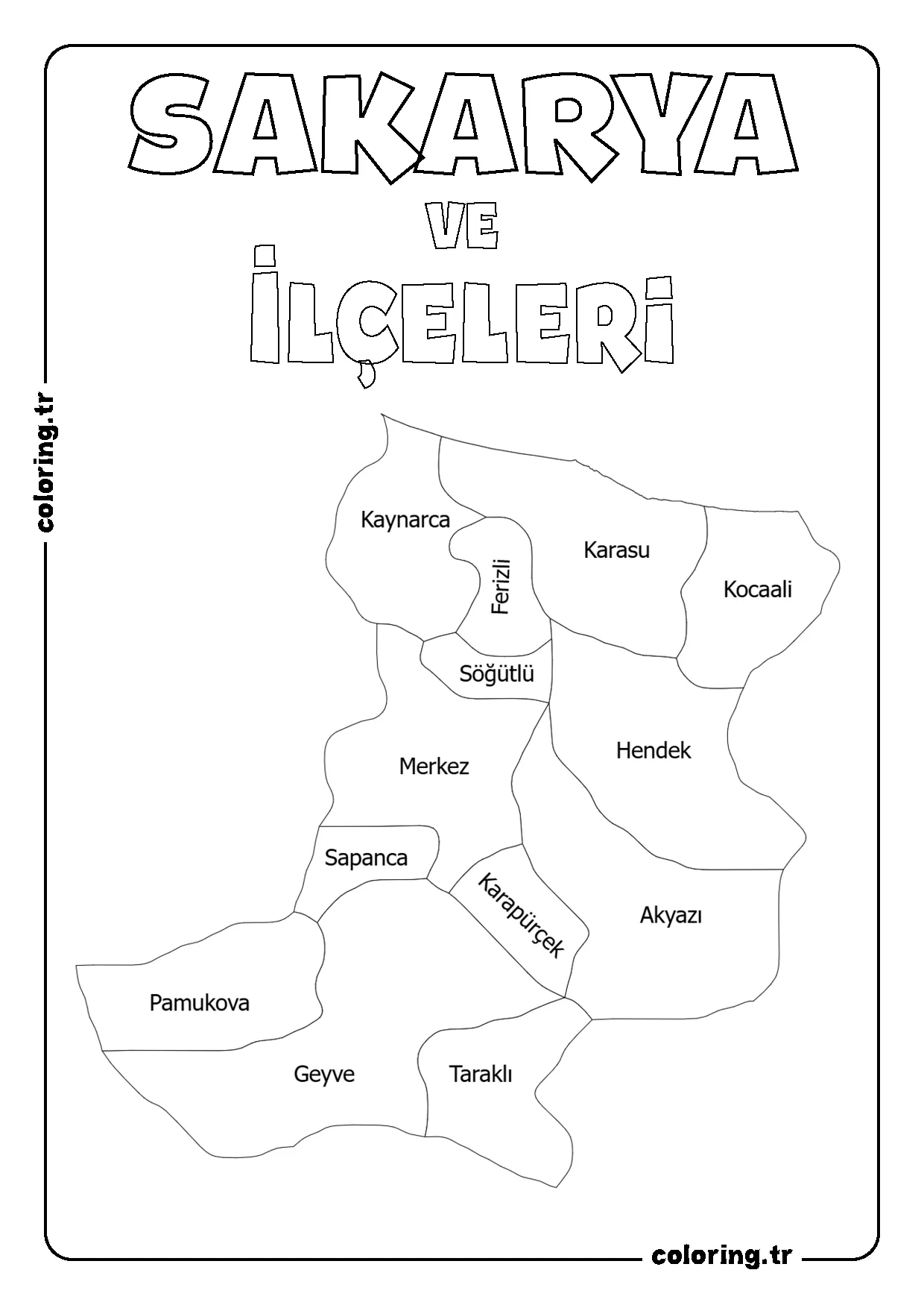 Sakarya ve İlçeleri Harita Boyama Sayfası