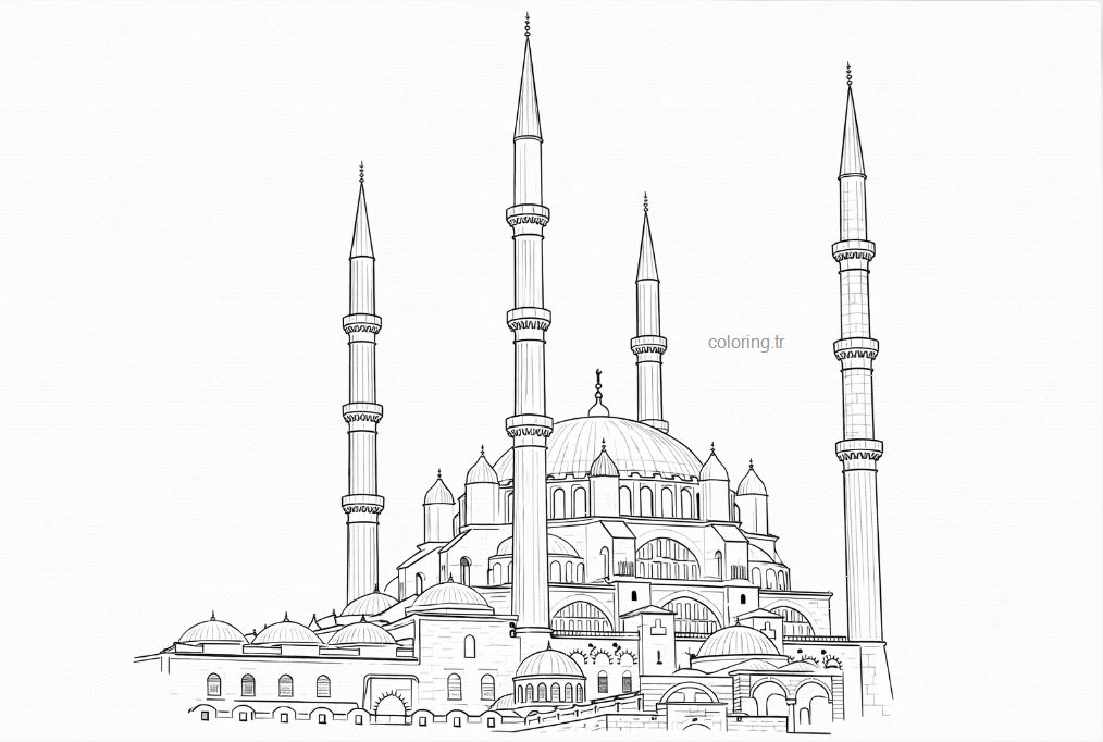 Selimiye Camii genel dış görünüm ve minareler boyama sayfası - Selimiye Mosque general exterior and minarets coloring page - صفحة تلوين المنظر الخارجي العام والمآذن لجامع السليمية