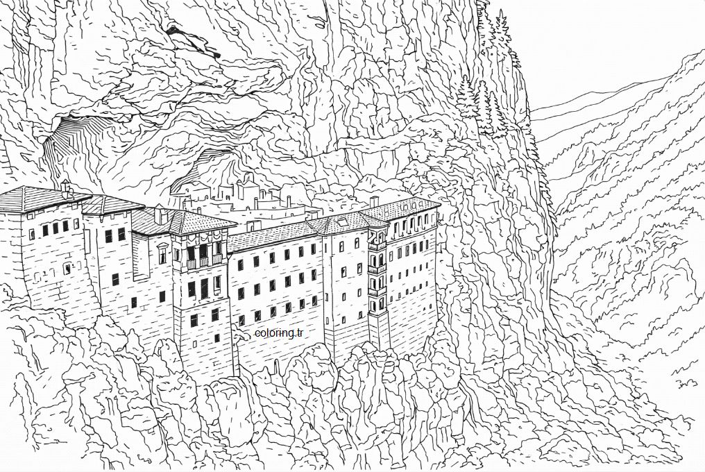 Çocuklar için Altındere Vadisi ve Sümela Manastırı boyama görseli - Altindere Valley and Sumela Monastery coloring image for kids - صورة تلوين وادي ألتينديري ودير سوميلا للأطفال