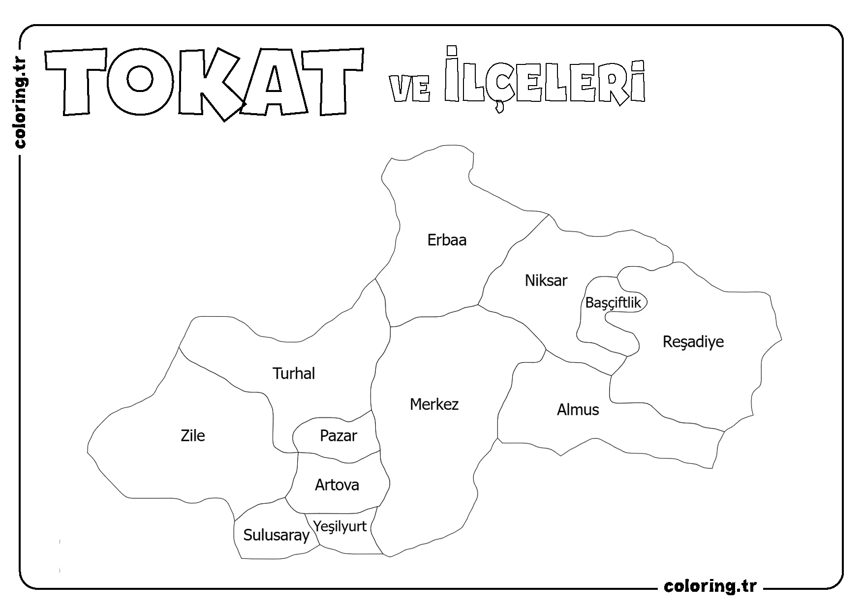 Tokat ve İlçeleri Harita Boyama Sayfası